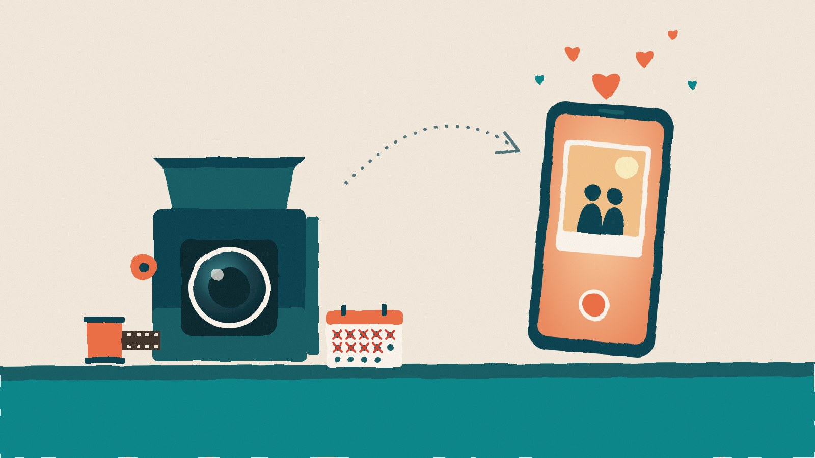 Hand-drawn illustration: an old medium-format film camera with a film roll and a calendar of crossed-off days, and a dotted arrow to a phone showing a couple, with hearts rising.